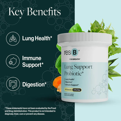 resB Lung Support Probiotic Supplement - Lung Health Supplement for Smokers, Gut Health, Immune & Digestive Support, Respiratory Care, Holy Basil & Turmeric, Clinically Trialed - 60 Capsules - Maple Wellness Supplements