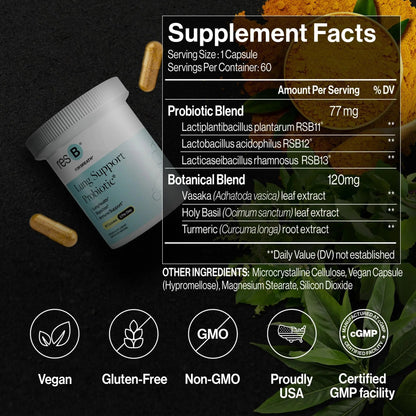 resB Lung Support Probiotic Supplement - Lung Health Supplement for Smokers, Gut Health, Immune & Digestive Support, Respiratory Care, Holy Basil & Turmeric, Clinically Trialed - 60 Capsules - Maple Wellness Supplements