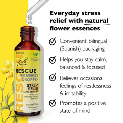 RESCUE Bach Remedy Dropper 20mL, Natural Stress Relief, Homeopathic Flower Essence, Vegan, Gluten & Sugar-Free, Non-Habit Forming (Non-Alcohol Formula) - Maple Wellness Supplements