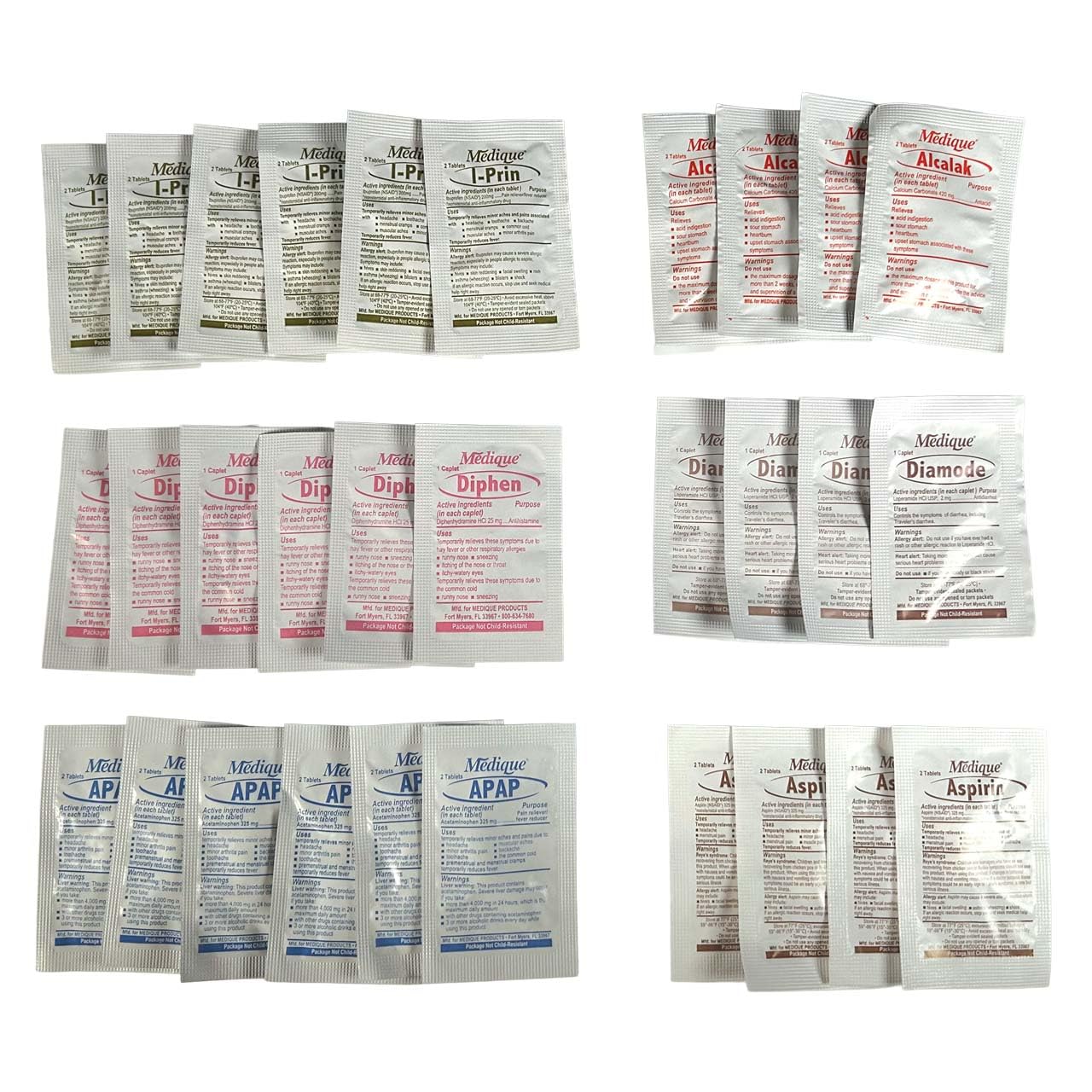 Rescue Essentials Medications Dose Pack–First Aid Refill Kit with Ibuprofen, Acetaminophen, Aspirin, Antihistamine, Anti-Diarrheal & Antacid– Compact Emergency Travel & IFAK Supply-1 Module (30 Doses) - Maple Wellness Supplements