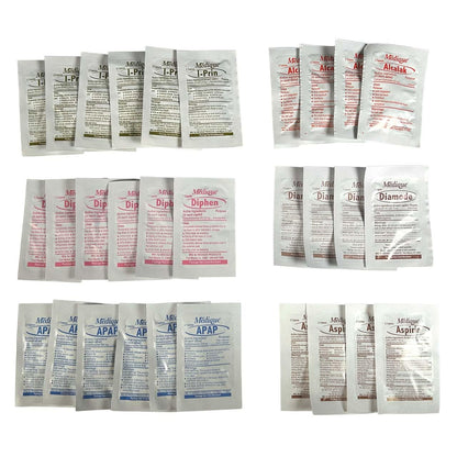 Rescue Essentials Medications Dose Pack–First Aid Refill Kit with Ibuprofen, Acetaminophen, Aspirin, Antihistamine, Anti-Diarrheal & Antacid– Compact Emergency Travel & IFAK Supply-1 Module (30 Doses) - Maple Wellness Supplements