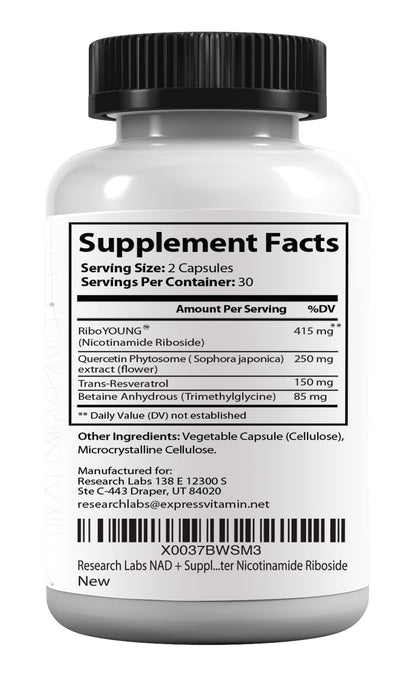 Research Labs NAD+ Supplement 2 for 1 Ad. Proprietary Formula w/Patent Pending RiboYOUNG™. NRF2 Activator, Nicotinamide Riboside, Quercetin, Resveratrol, Betaine. True NAD Supplement Anti Aging… - Maple Wellness Supplements