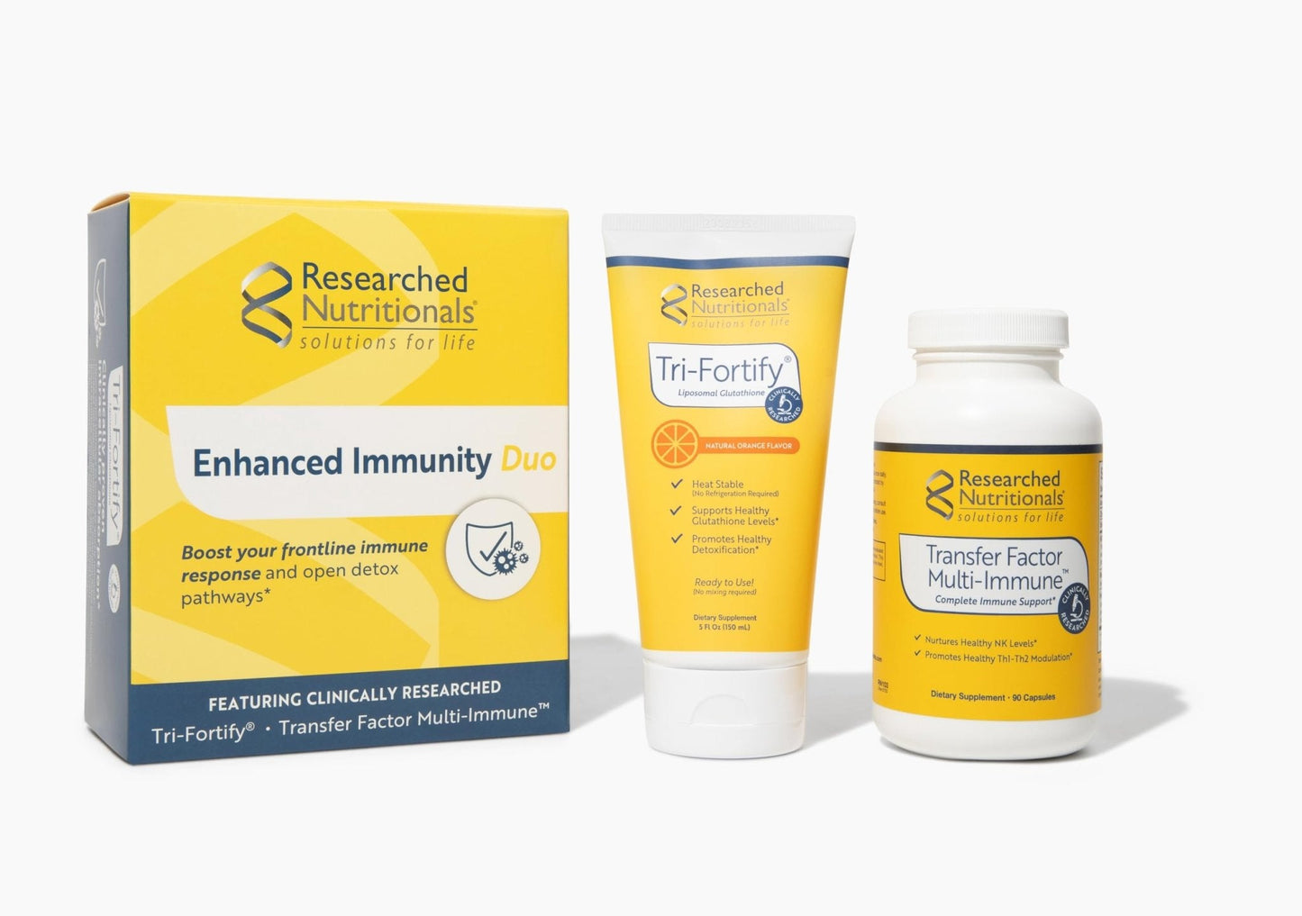 Researched Nutritionals Liposomal Glutathione (450mg) + Colostrum & Mushrooms Supplement for Immune Support - Enhanced Immunity Duo - Tri-Fortify Orange + Transfer Factor Multi-Immune (2 Piece Set) - Maple Wellness Supplements