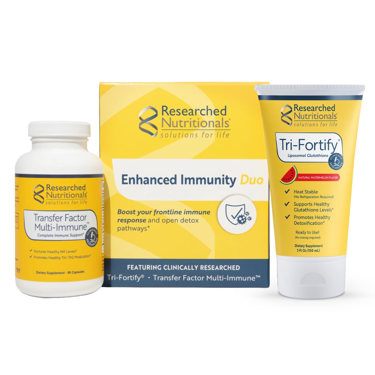 Researched Nutritionals Liposomal Glutathione (450mg) + Colostrum & Mushrooms Supplement for Immunity - Enhanced Immunity Duo - Tri-Fortify Watermelon + Transfer Factor Multi-Immune (2 Piece Set) - Maple Wellness Supplements