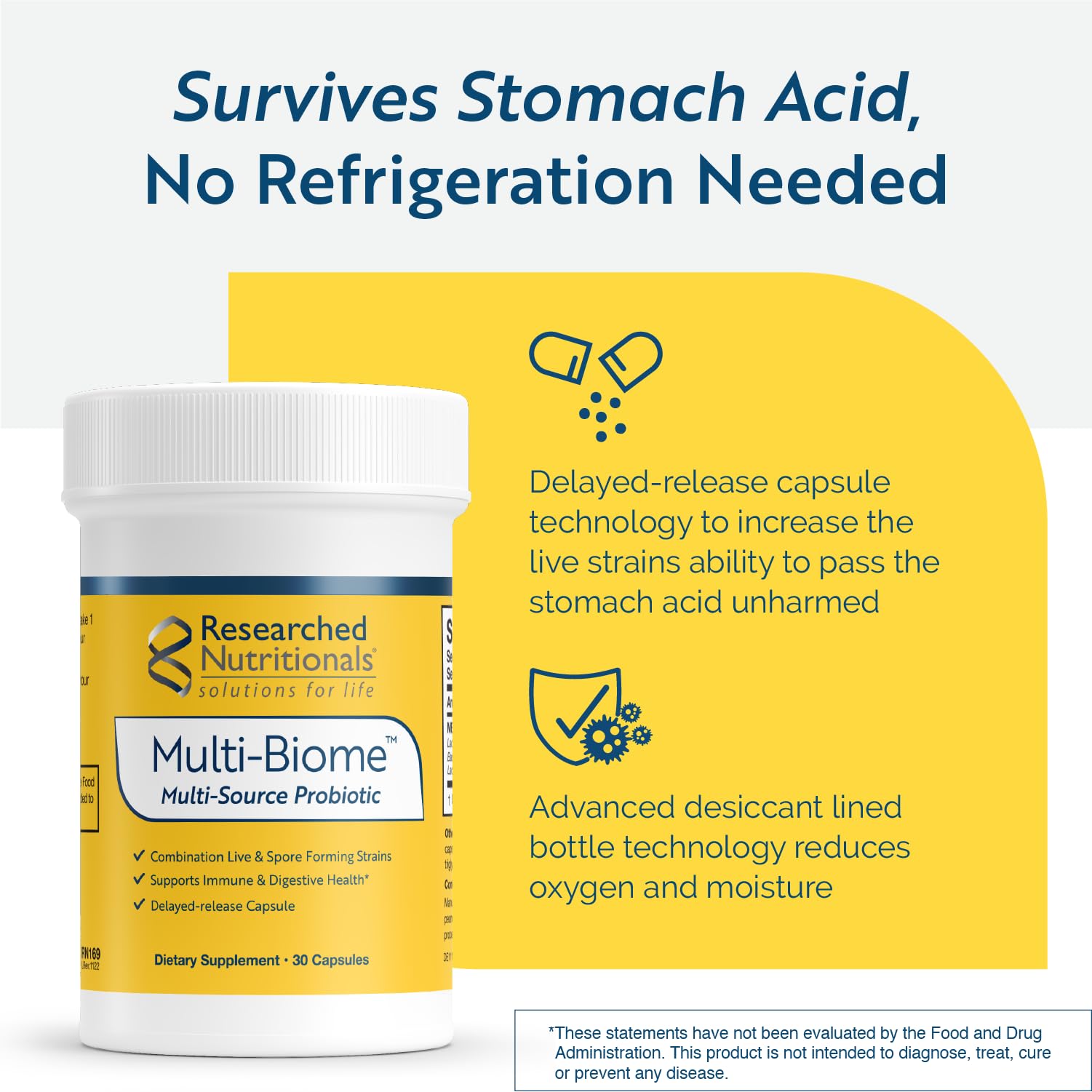 Researched Nutritionals Multi-Biome - Dual-Action Probiotics for Women & Men - Spore + Live Strain Formula with Delayed-Release Capsules for Gut Health, Histamine & Immune Support (30 ct) - Maple Wellness Supplements