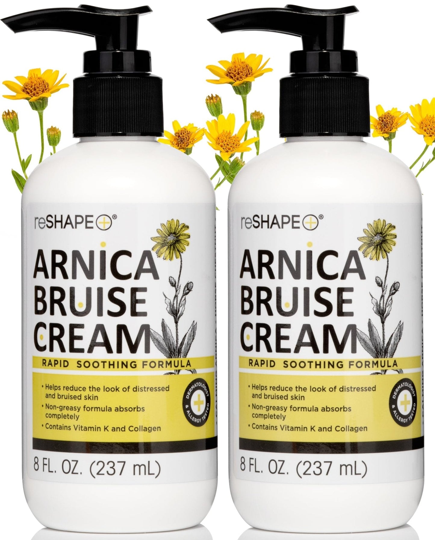 Reshape+ Arnica Bruise Relief Topical Cream For Bruising, Swelling, & Discoloration On Skin, Natural Skin Care Homeopathic Arnica Lotion W/Vitamin K, Horse Chestnut, & Collagen, 8 Fl Oz (2-Pack) - Maple Wellness Supplements