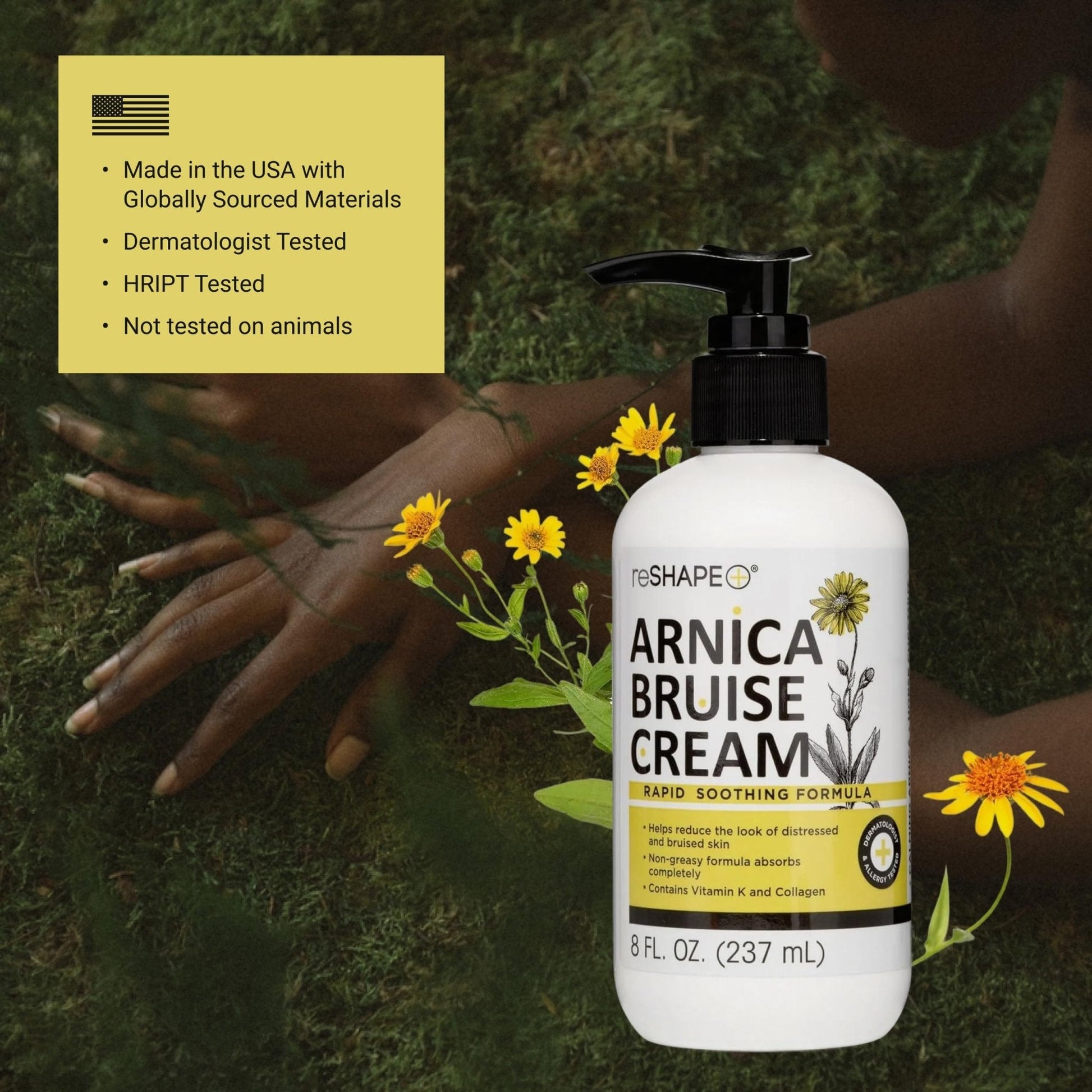 Reshape+ Arnica Bruise Relief Topical Cream For Bruising, Swelling, & Discoloration On Skin, Natural Skin Care Homeopathic Arnica Lotion W/Vitamin K, Horse Chestnut, & Collagen, 8 Fl Oz (2-Pack) - Maple Wellness Supplements