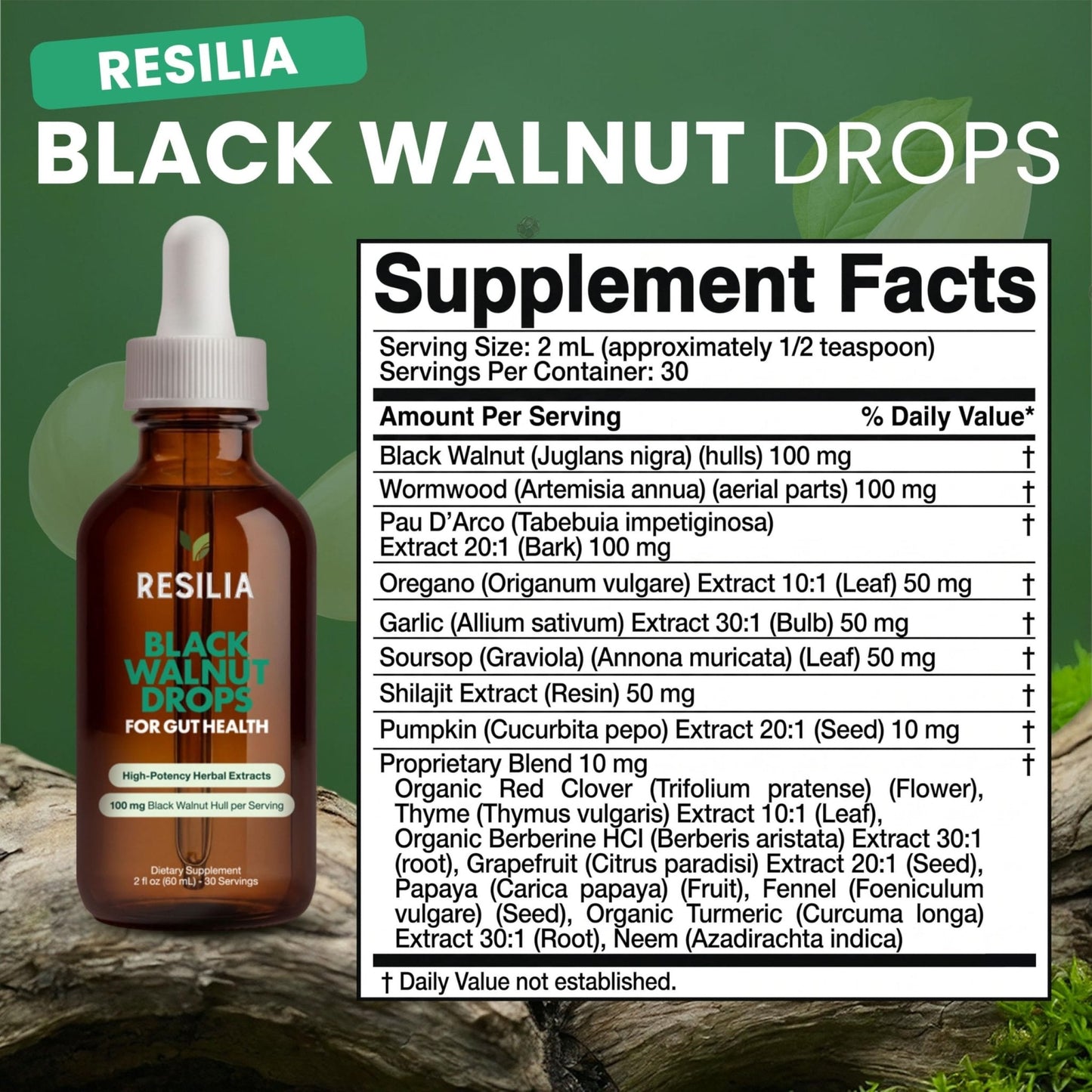 Resilia Herbal Cleanse Liquid Drops – Black Walnut & Wormwood Extract with Pumpkin Seed, Garlic & Turmeric – Alcohol-Free Vegan Tincture for Digestive & Daily Wellness Support, 2 fl oz - Maple Wellness Supplements