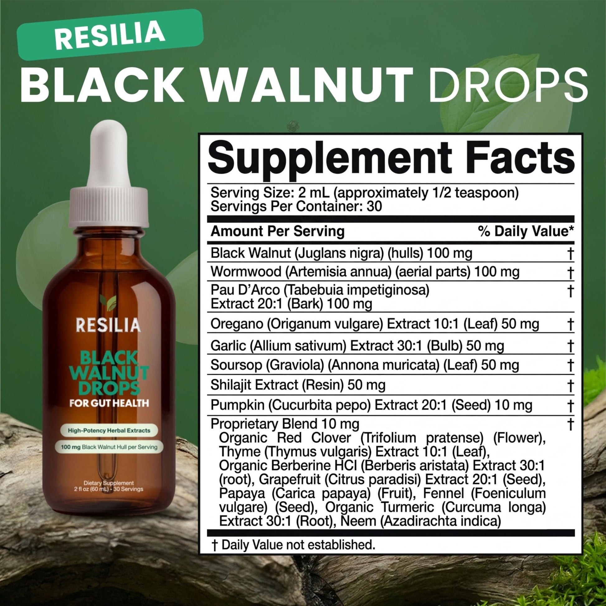 Resilia Herbal Cleanse Liquid Drops – Black Walnut & Wormwood Extract with Pumpkin Seed, Garlic & Turmeric – Alcohol-Free Vegan Tincture for Digestive & Daily Wellness Support, 2 fl oz - Maple Wellness Supplements