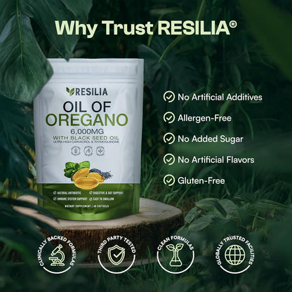 Resilia Softgels with Black Seed Oil 6000mg – Organic Oregano Oil Capsules for Immune & Digestive Support – Non-GMO, Gluten-Free Softgels - Maple Wellness Supplements