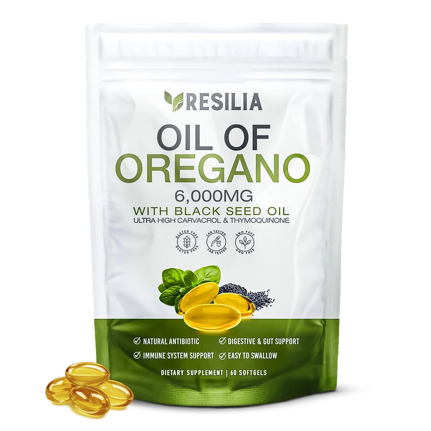 Resilia Softgels with Black Seed Oil 6000mg – Organic Oregano Oil Capsules for Immune & Digestive Support – Non-GMO, Gluten-Free Softgels - Maple Wellness Supplements