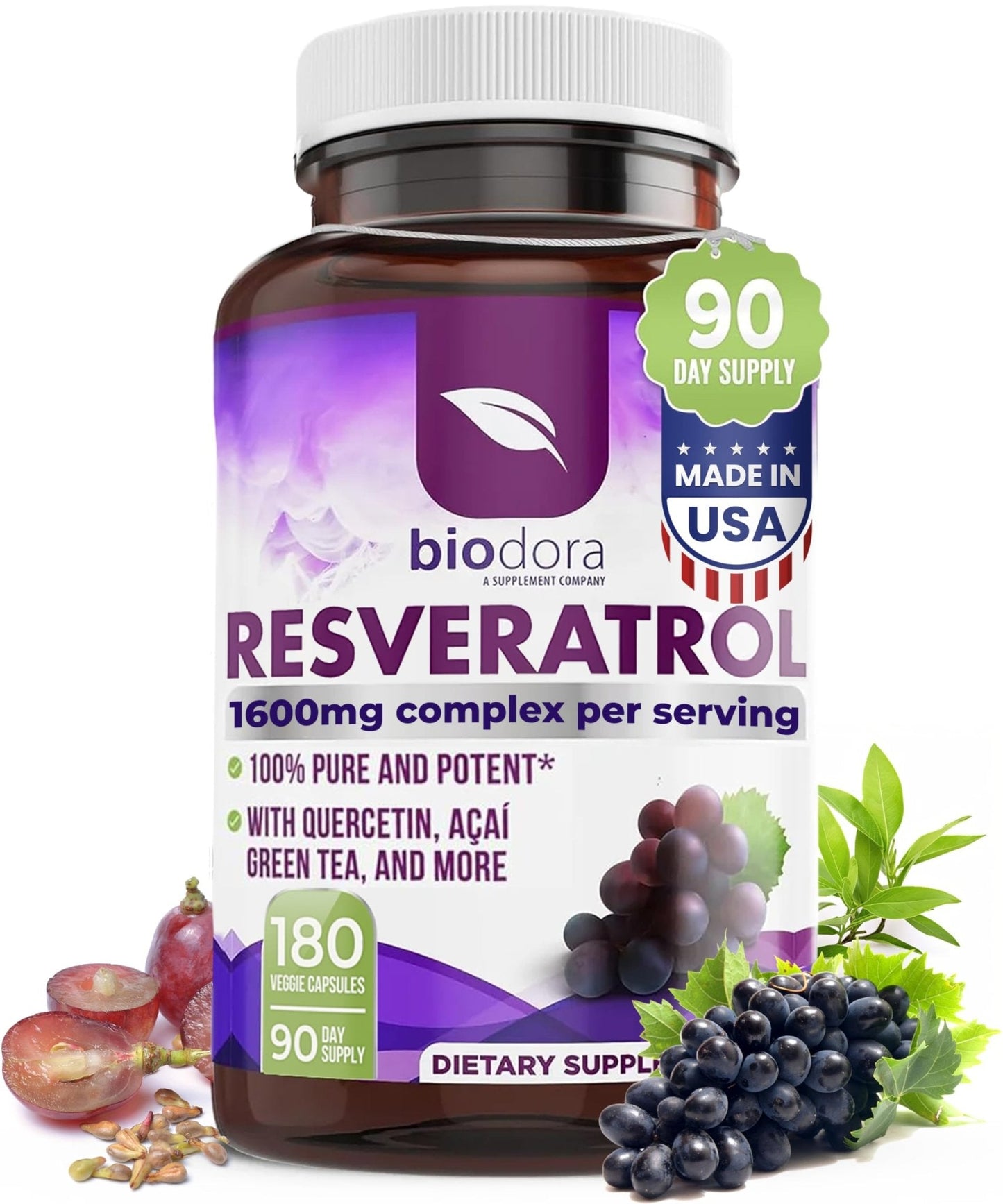 Resveratrol 1600mg - 180 Capsules | Trans-Resveratrol Antioxidant Supplement with Natural Green Tea, Grape Seed Polyphenols & Quercetin, Supports Digestive - Maple Wellness Supplements