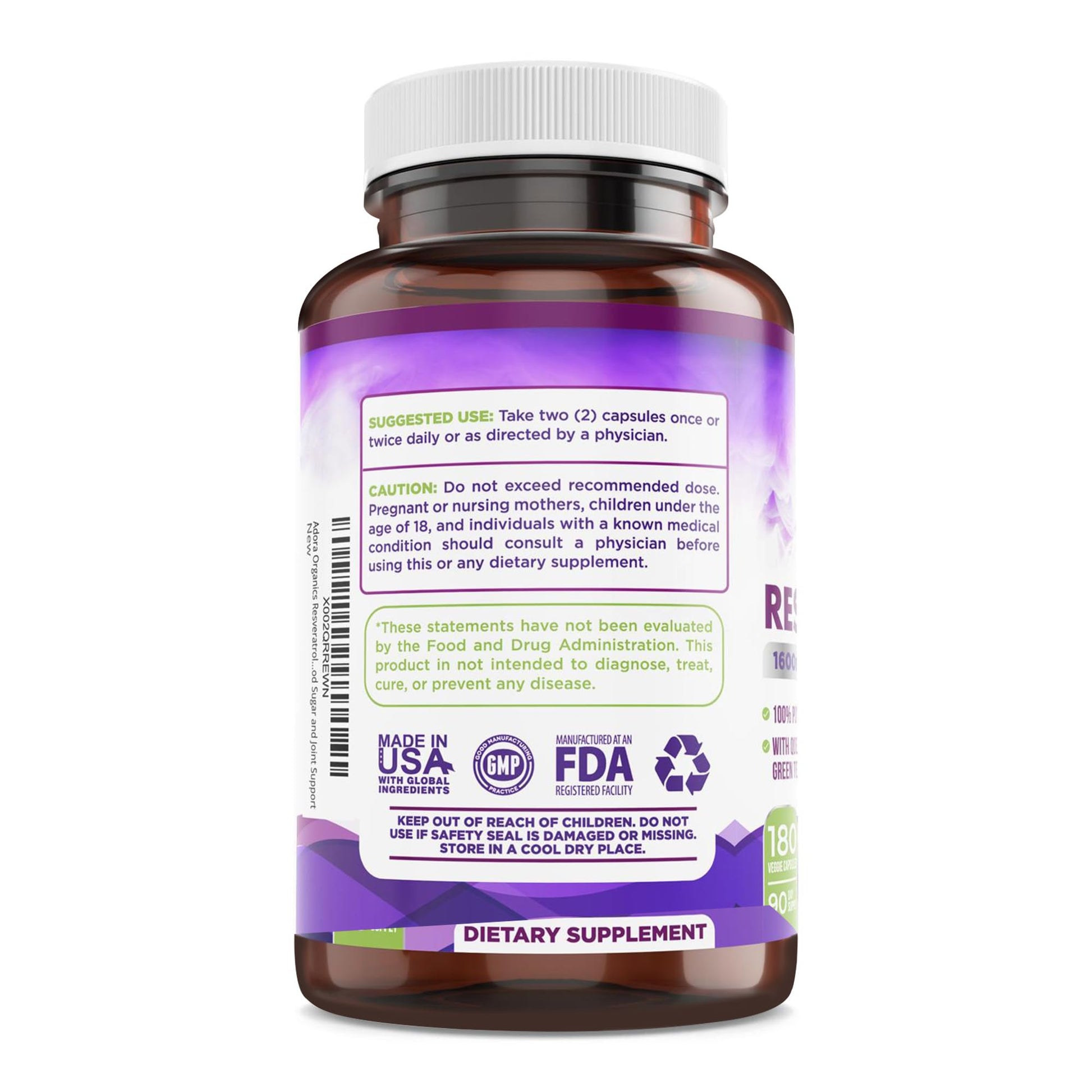 Resveratrol 1600mg - 180 Capsules | Trans-Resveratrol Antioxidant Supplement with Natural Green Tea, Grape Seed Polyphenols & Quercetin, Supports Digestive - Maple Wellness Supplements