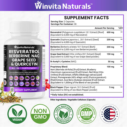 Resveratrol 6000mg Quercetin 4000mg Berberine 2000mg Grape Seed Extract 3000mg - Maple Wellness Supplements