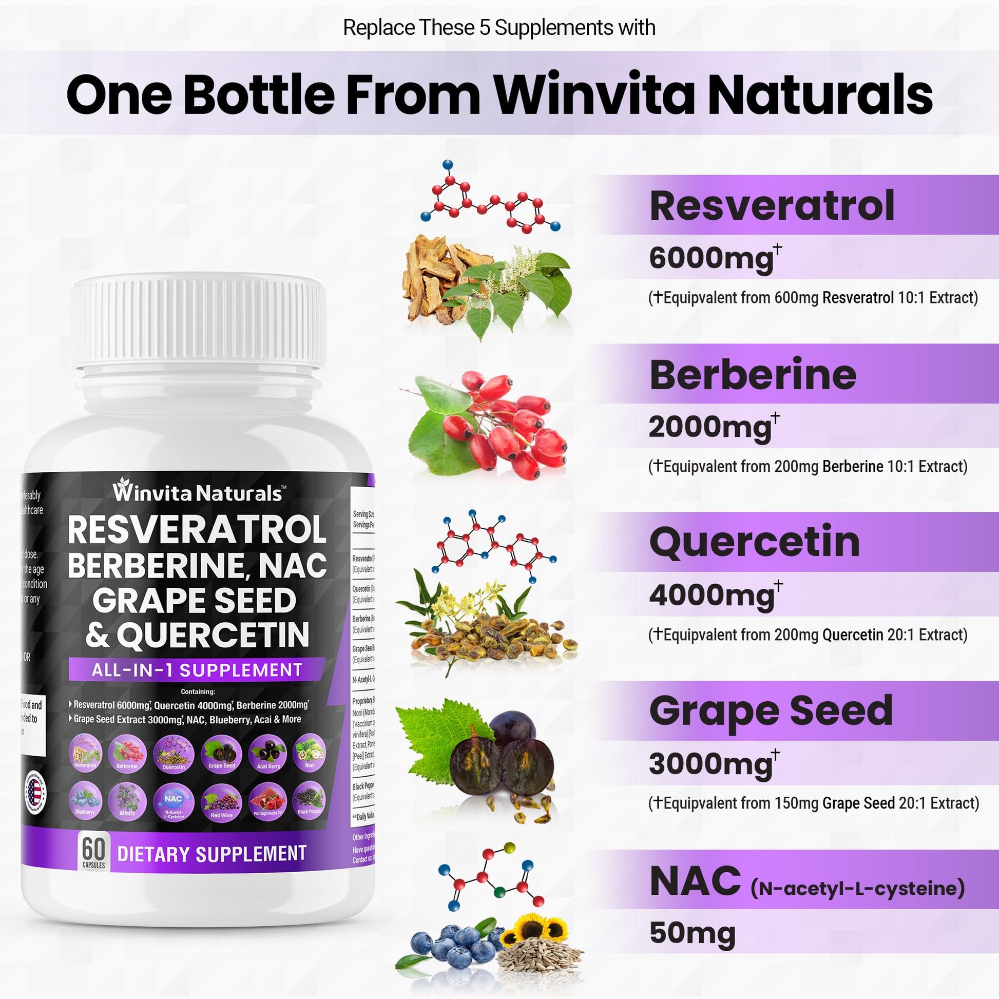 Resveratrol 6000mg Quercetin 4000mg Berberine 2000mg Grape Seed Extract 3000mg - Maple Wellness Supplements