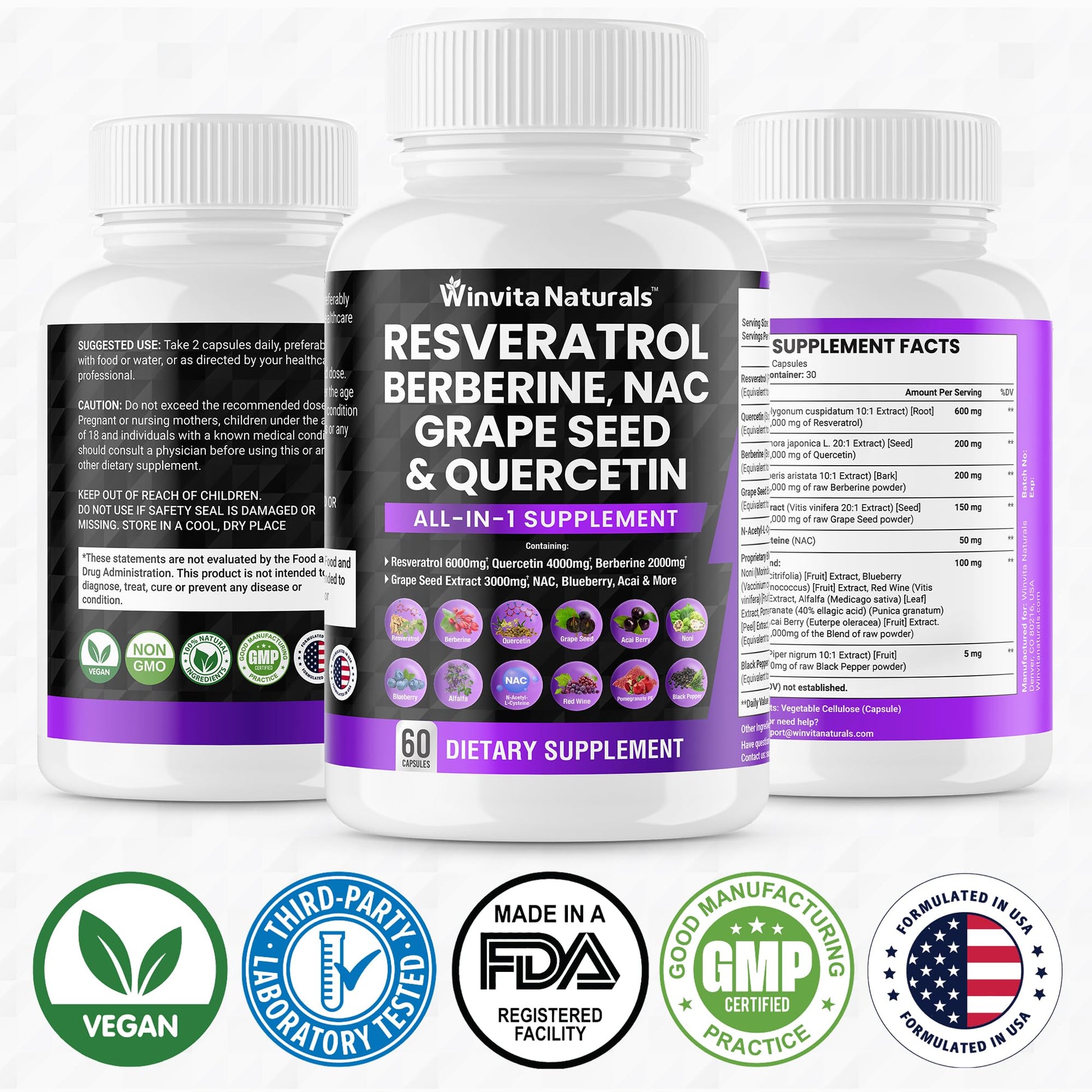 Resveratrol 6000mg Quercetin 4000mg Berberine 2000mg Grape Seed Extract 3000mg - Maple Wellness Supplements