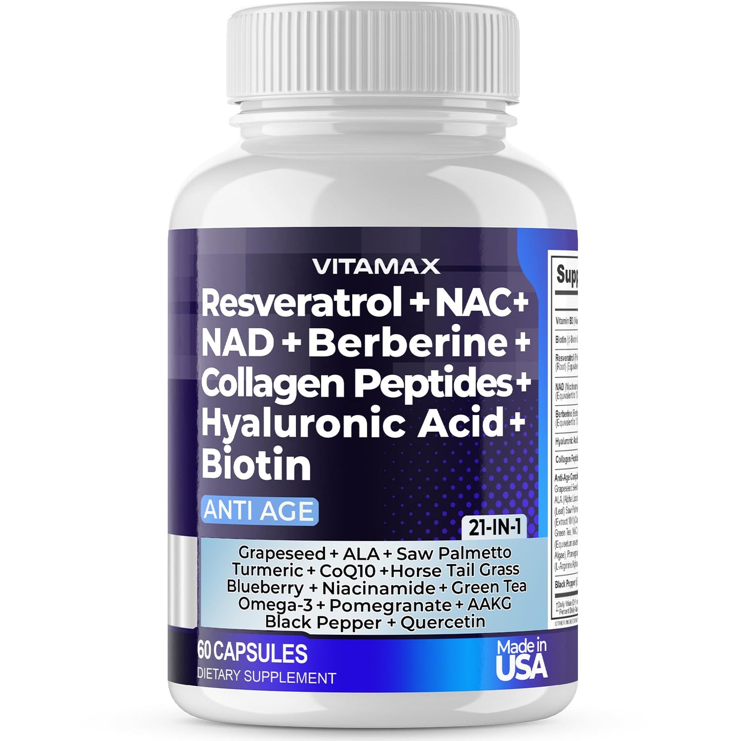 Resveratrol NAD+ Berberine Hyaluronic Acid - Biotin Grape & Blueberry + NAC - Collagen Peptides - Hair, Nail, Skin & Joint Supplement - 21-in-1 Women and Men - Maple Wellness Supplements