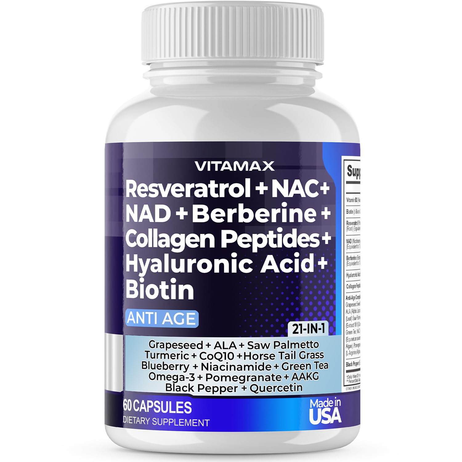 Resveratrol NAD+ Berberine Hyaluronic Acid - Biotin Grape & Blueberry + NAC - Collagen Peptides - Hair, Nail, Skin & Joint Supplement - 21-in-1 Women and Men - Maple Wellness Supplements