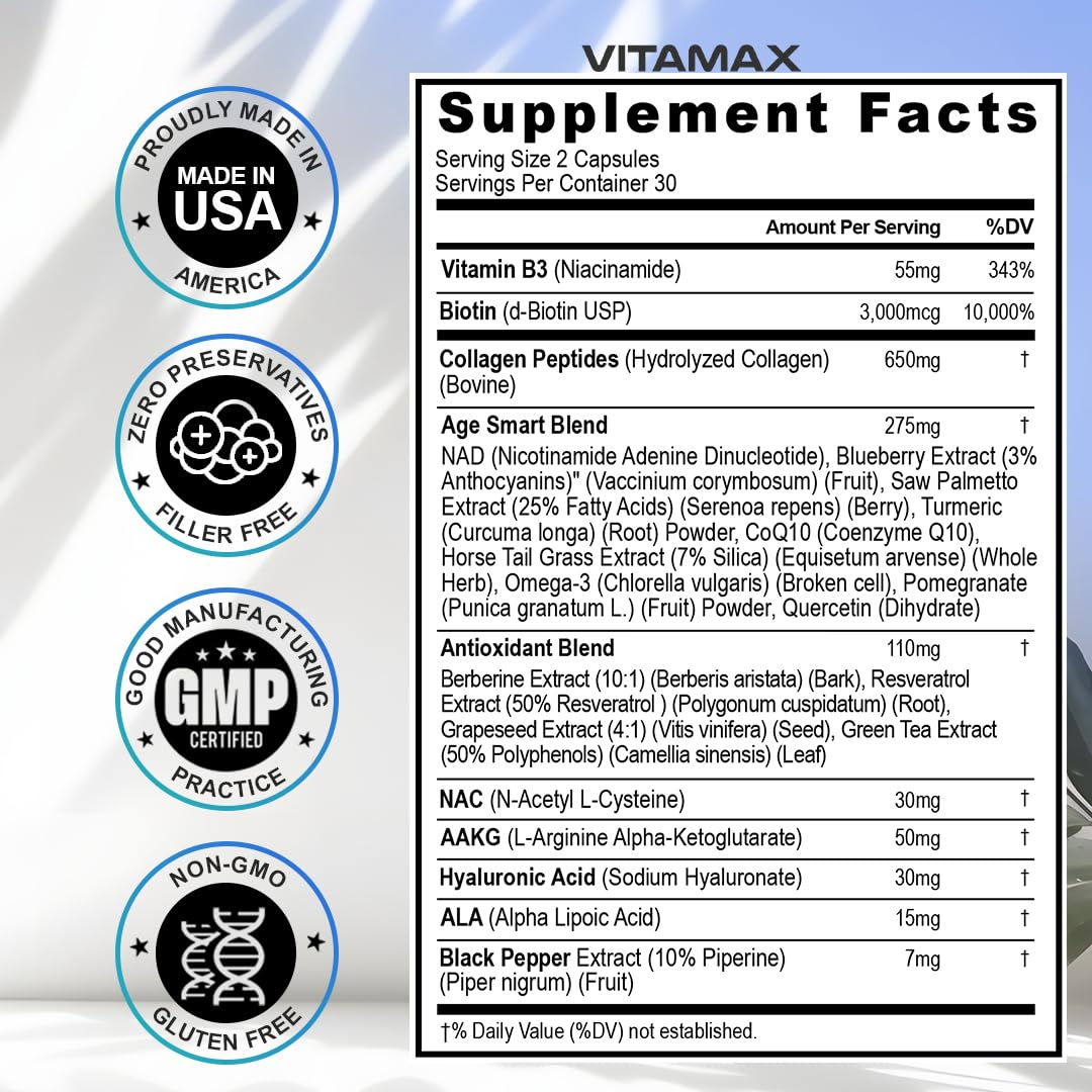 Resveratrol NAD+ Berberine Hyaluronic Acid - Biotin Grape & Blueberry + NAC - Collagen Peptides - Hair, Nail, Skin & Joint Supplement - 21-in-1 Women and Men - Maple Wellness Supplements