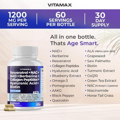 Resveratrol NAD+ Berberine Hyaluronic Acid - Biotin Grape & Blueberry + NAC - Collagen Peptides - Hair, Nail, Skin & Joint Supplement - 21-in-1 Women and Men - Maple Wellness Supplements