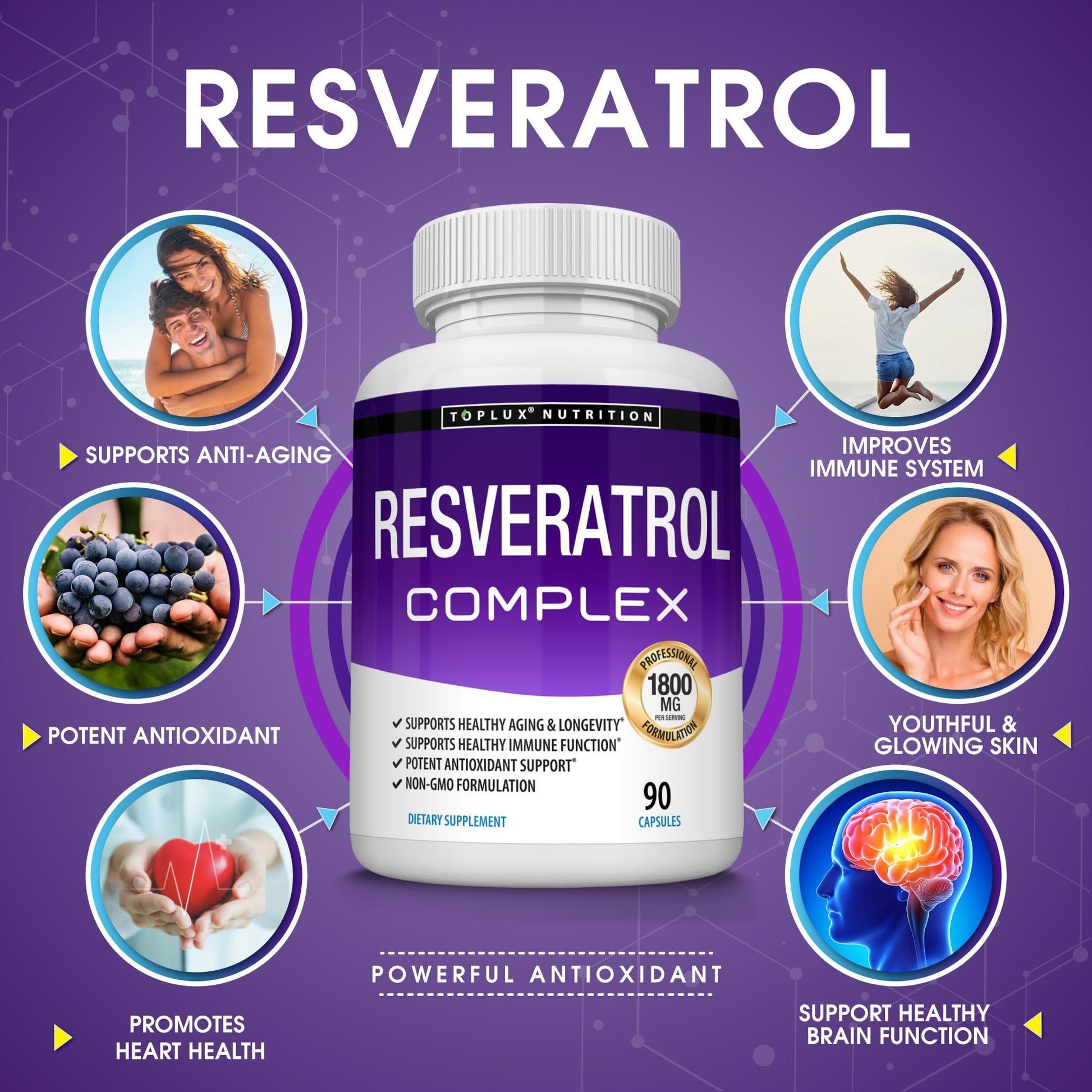 Resveratrol Supplement 1800 mg Antioxidant Complex - Highly Potent Natural Trans-Resveratrol Pills for Healthy Aging, Overall Health Support, Immune System - Maple Wellness Supplements