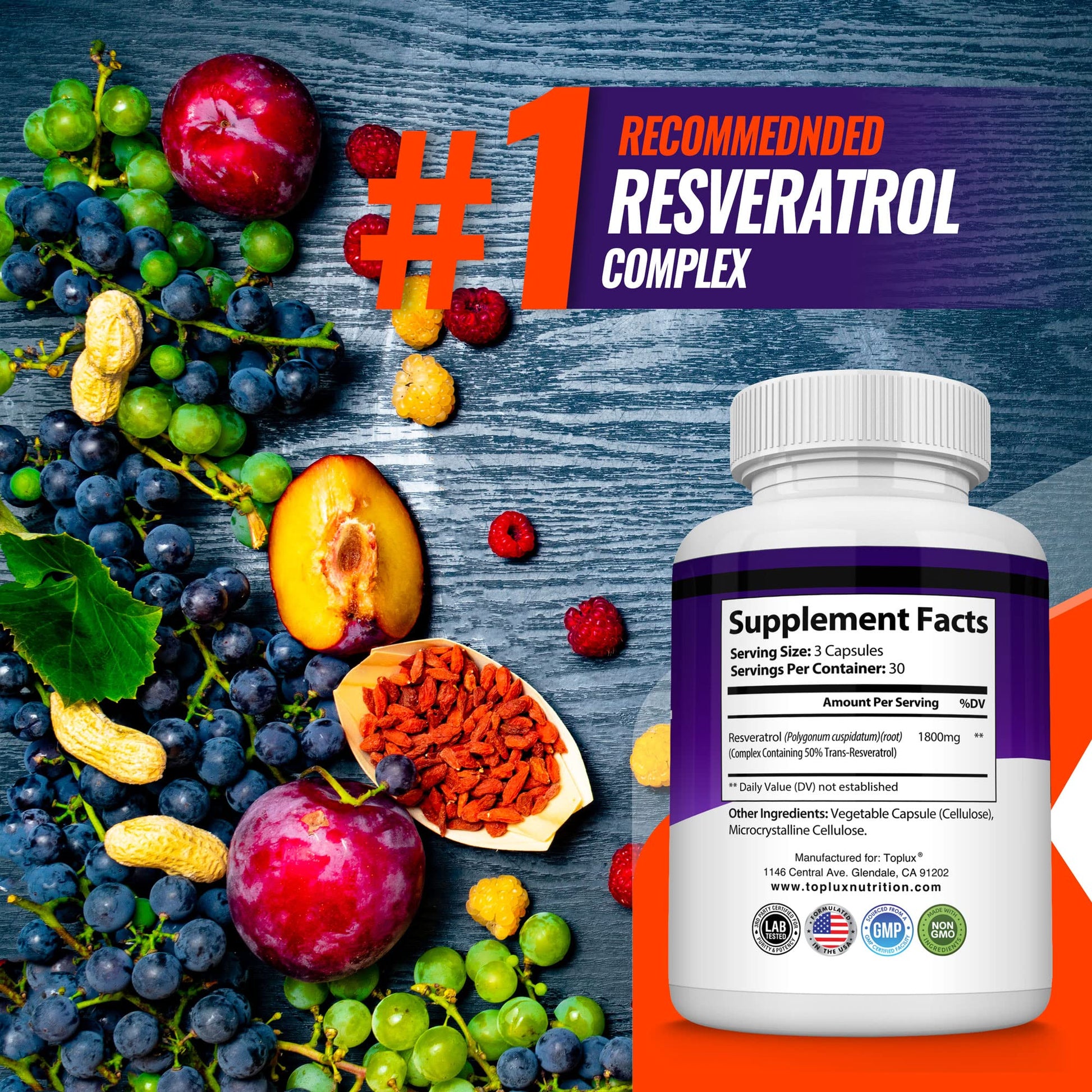 Resveratrol Supplement 1800 mg Antioxidant Complex - Highly Potent Natural Trans-Resveratrol Pills for Healthy Aging, Overall Health Support, Immune System - Maple Wellness Supplements