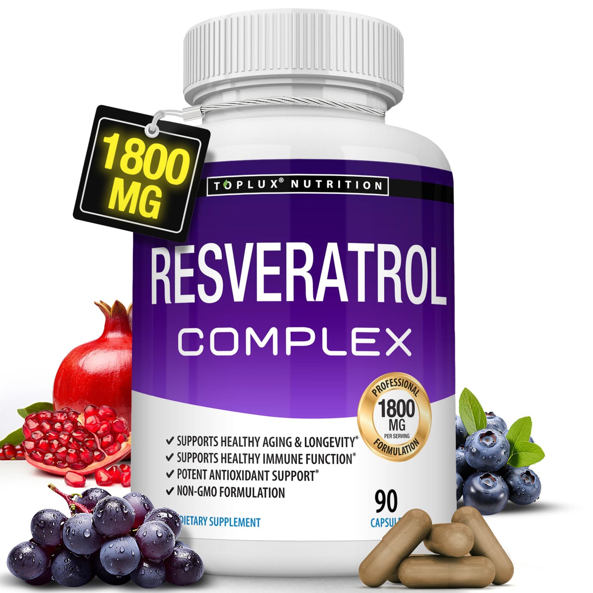 Resveratrol Supplement 1800 mg Antioxidant Complex - Highly Potent Natural Trans-Resveratrol Pills for Healthy Aging, Overall Health Support, Immune System - Maple Wellness Supplements