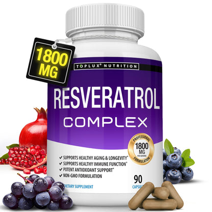 Resveratrol Supplement 1800 mg Antioxidant Complex - Highly Potent Natural Trans-Resveratrol Pills for Healthy Aging, Overall Health Support, Immune System - Maple Wellness Supplements