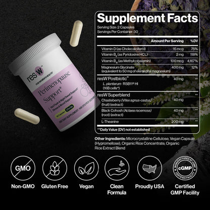 resW Perimenopause Postbiotic Supplement for Women - Hot Flash Support, Night Sweat Relief, Hormone Free, Vegan, Gluten Free, Non GMO, Plant Based Gut Health Support - 60 Capsules - Maple Wellness Supplements