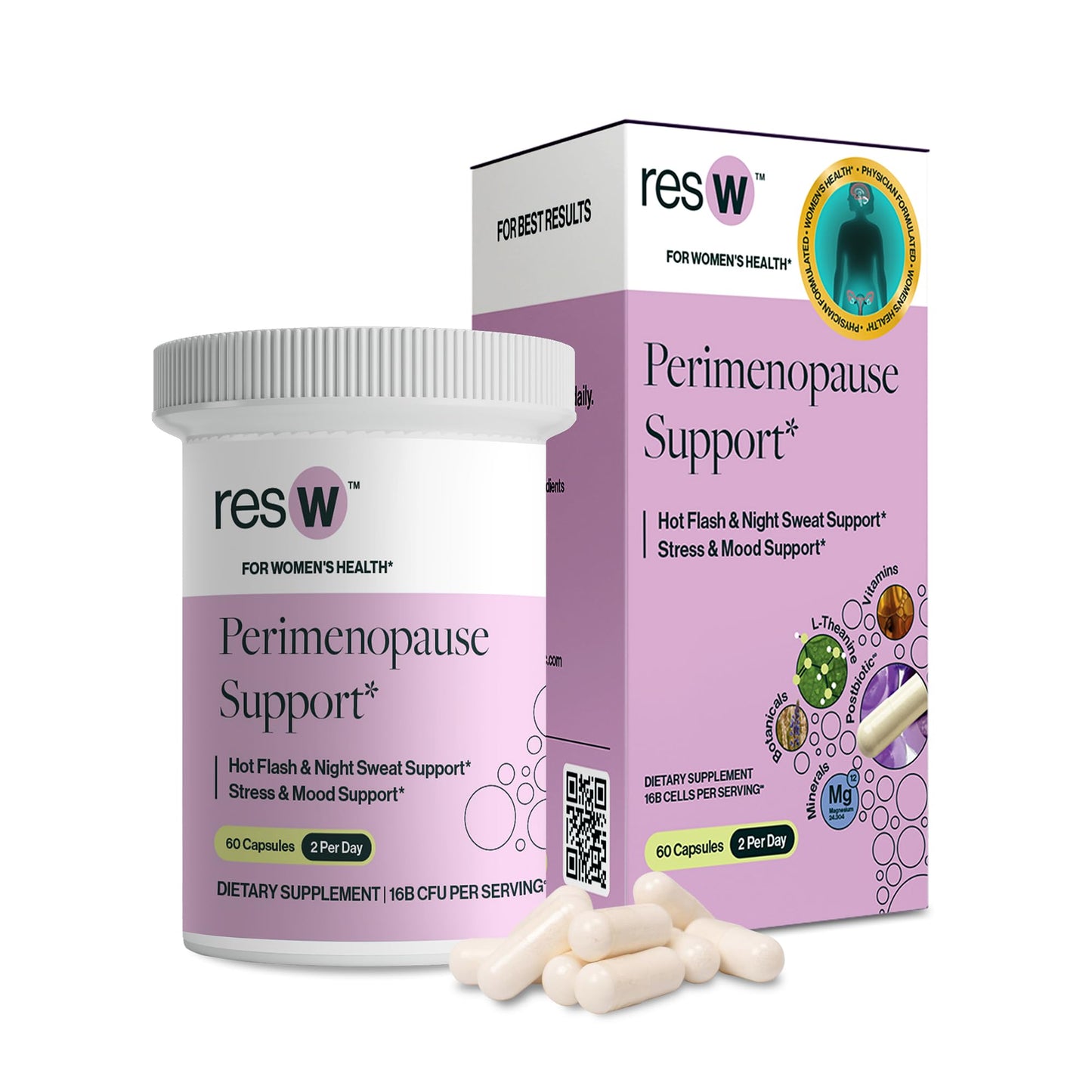 resW Perimenopause Postbiotic Supplement for Women - Hot Flash Support, Night Sweat Relief, Hormone Free, Vegan, Gluten Free, Non GMO, Plant Based Gut Health Support - 60 Capsules - Maple Wellness Supplements