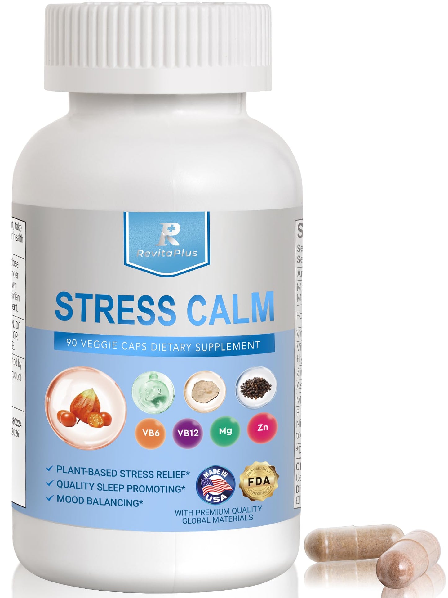 RevitaPlus 8-in-1 Ashwagandha Supplements with B12 B6 Magnesium Maca Zinc Folate, Cortisol Supplements for Women and Men Supports Stress Relief, Sleep, Energy, Focus(90 Capsules) - Maple Wellness Supplements