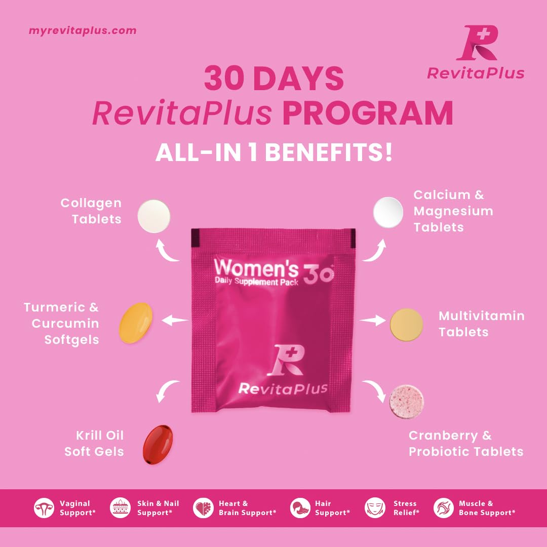 RevitaPlus Multivitamin for Women with Vitamin A,B,C,D3,E,K2,Biotin, Collagen,Krill Oil,Cranberries Supports Energy,Wellness,Beauty and Immune - Vitamin Packs for Women Health 30 Packs - Maple Wellness Supplements