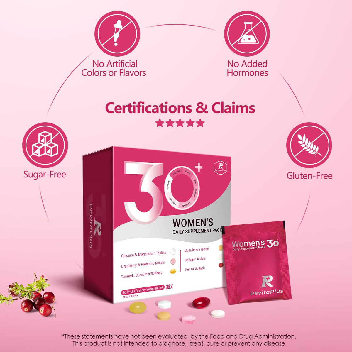 RevitaPlus Multivitamin for Women with Vitamin A,B,C,D3,E,K2,Biotin, Collagen,Krill Oil,Cranberries Supports Energy,Wellness,Beauty and Immune - Vitamin Packs for Women Health 30 Packs - Maple Wellness Supplements