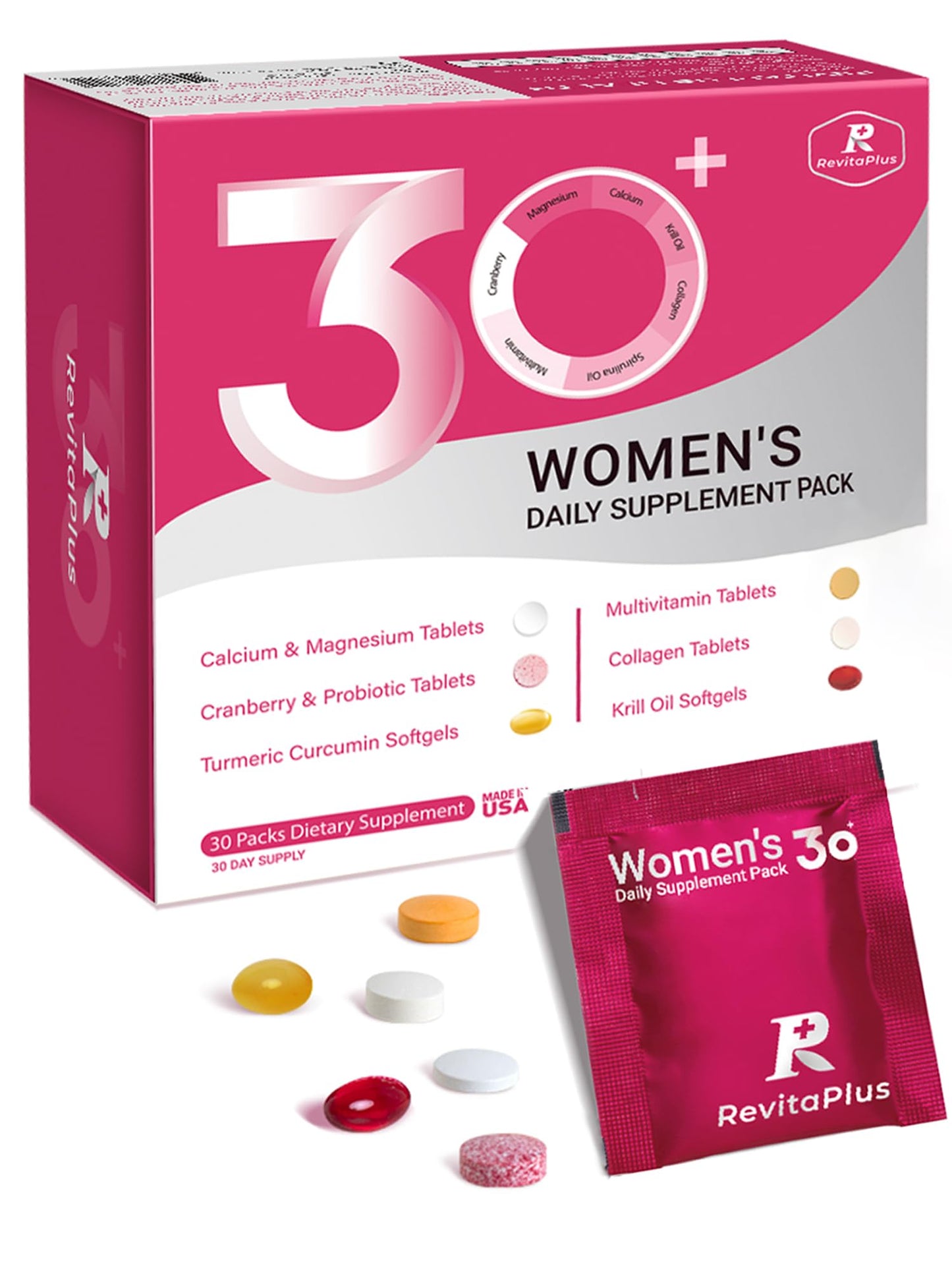 RevitaPlus Multivitamin for Women with Vitamin A,B,C,D3,E,K2,Biotin, Collagen,Krill Oil,Cranberries Supports Energy,Wellness,Beauty and Immune - Vitamin Packs for Women Health 30 Packs - Maple Wellness Supplements