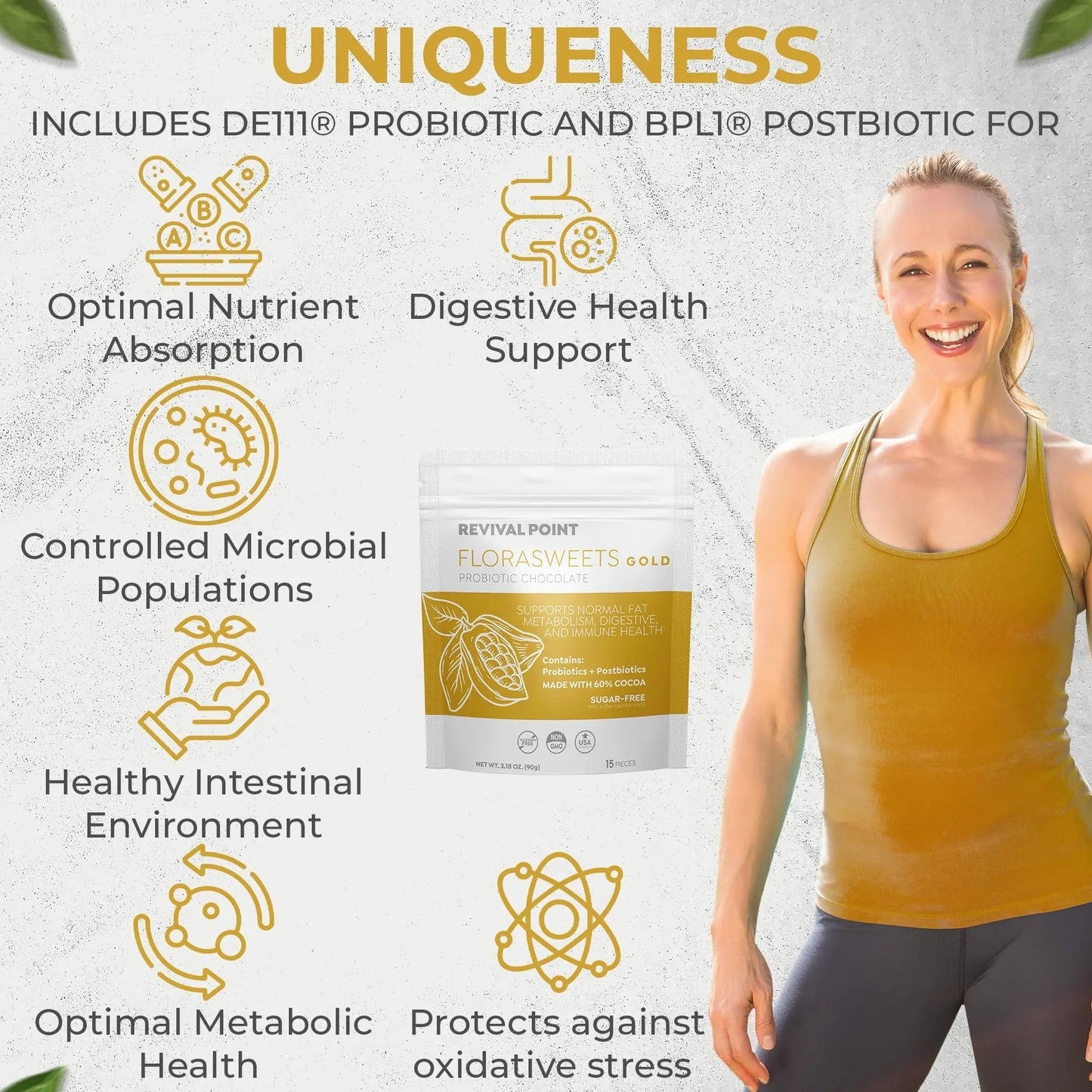Revival Point Florasweets Gold Chocolate Bites with Probiotic + Postbiotic Stains DE111 & BPL1 - Indivally Wrapped - Supports Digestive & Gut Health Bacillus subtilis (1) - Maple Wellness Supplements
