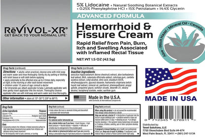 REVIVOL-XR Advanced Hemorrhoid Treatment. 5% Lidocaine + Shrinks + Protects Skin + Aloe + Witch Hazel + Botanicals, External & Internal Use. Most Complete OTC Ointment + Fissure Cream. Made in USA. - Maple Wellness Supplements