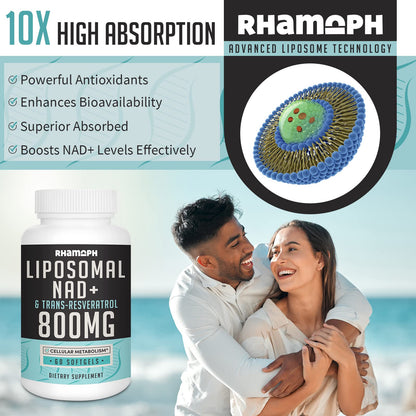 Rhamoph Liposomal NAD+ 800 mg with Trans-Resveratrol 300 mg, Max Absorption, Actual NAD+ Boosting Supplement for Healthy Aging, Cellular Energy, DNA Repair, Longevity - 120 Softgels - Maple Wellness Supplements