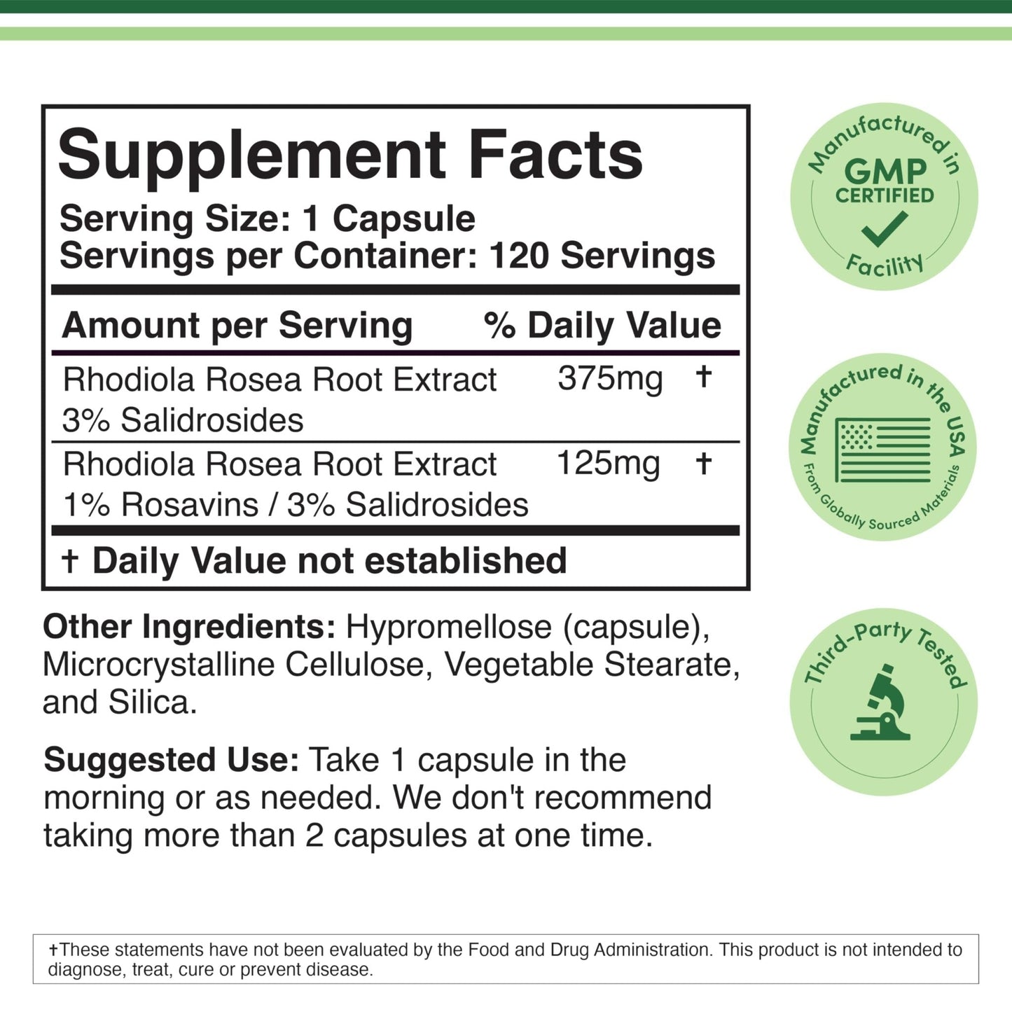 Rhodiola Rosea Supplement 500mg, 120 Vegan Capsules (Third Party Test, Gluten Free, 3% Salidrosides, 1% Rosavins Extract) for Performance, - Maple Wellness Supplements