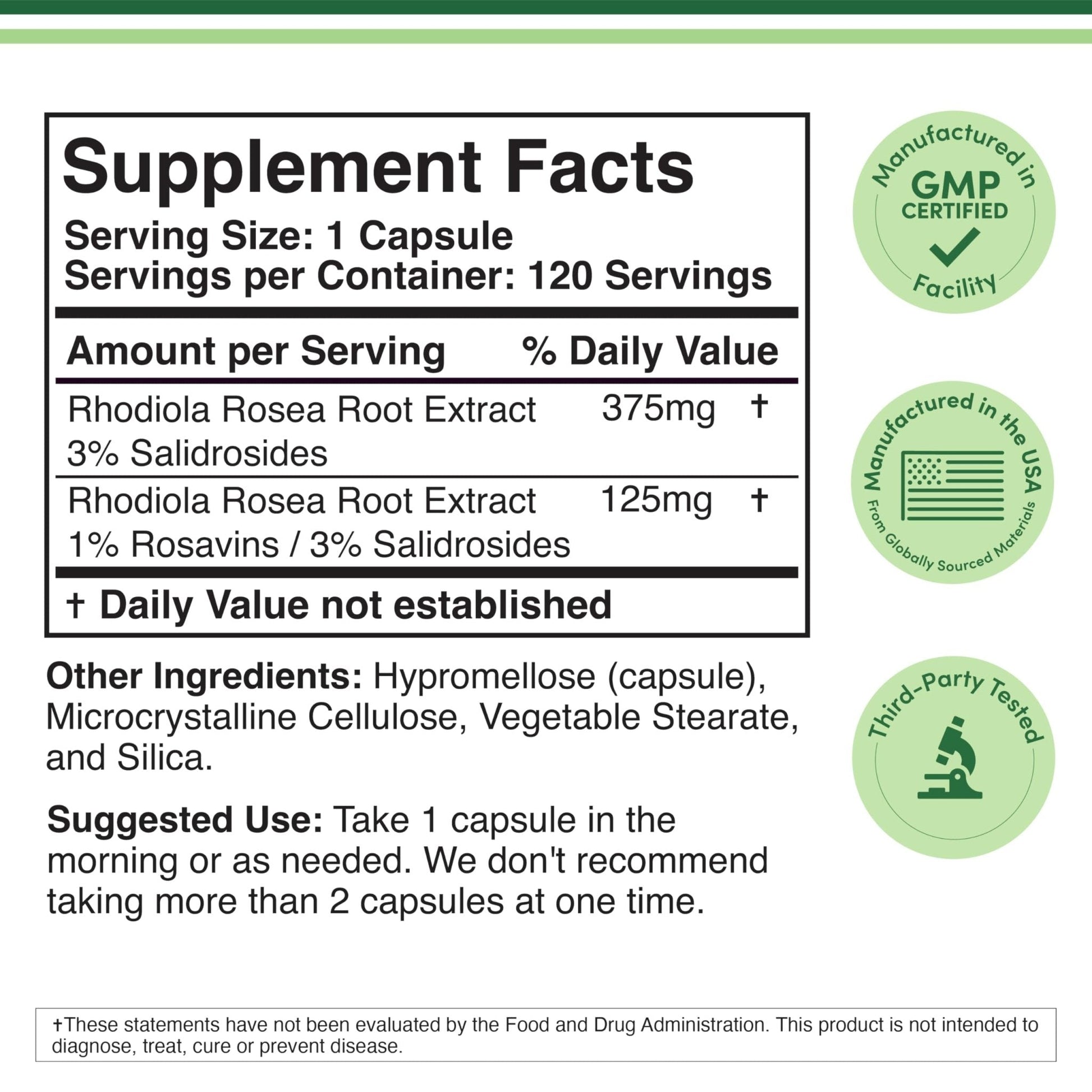 Rhodiola Rosea Supplement 500mg, 120 Vegan Capsules (Third Party Test, Gluten Free, 3% Salidrosides, 1% Rosavins Extract) for Performance, - Maple Wellness Supplements