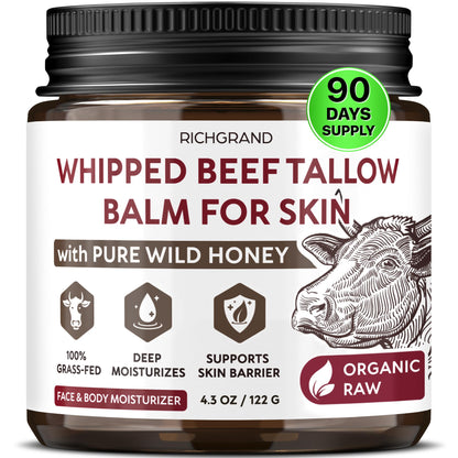 RICHGRAND Beef Tallow for Skin - Whipped Tallow and Honey Balm - Grass Fed Beef Tallow for Face, Daily Moisturizer & Body Butter - Maple Wellness Supplements