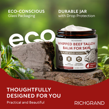 RICHGRAND Beef Tallow for Skin - Whipped Tallow and Honey Balm - Grass Fed Beef Tallow for Face, Daily Moisturizer & Body Butter - Maple Wellness Supplements