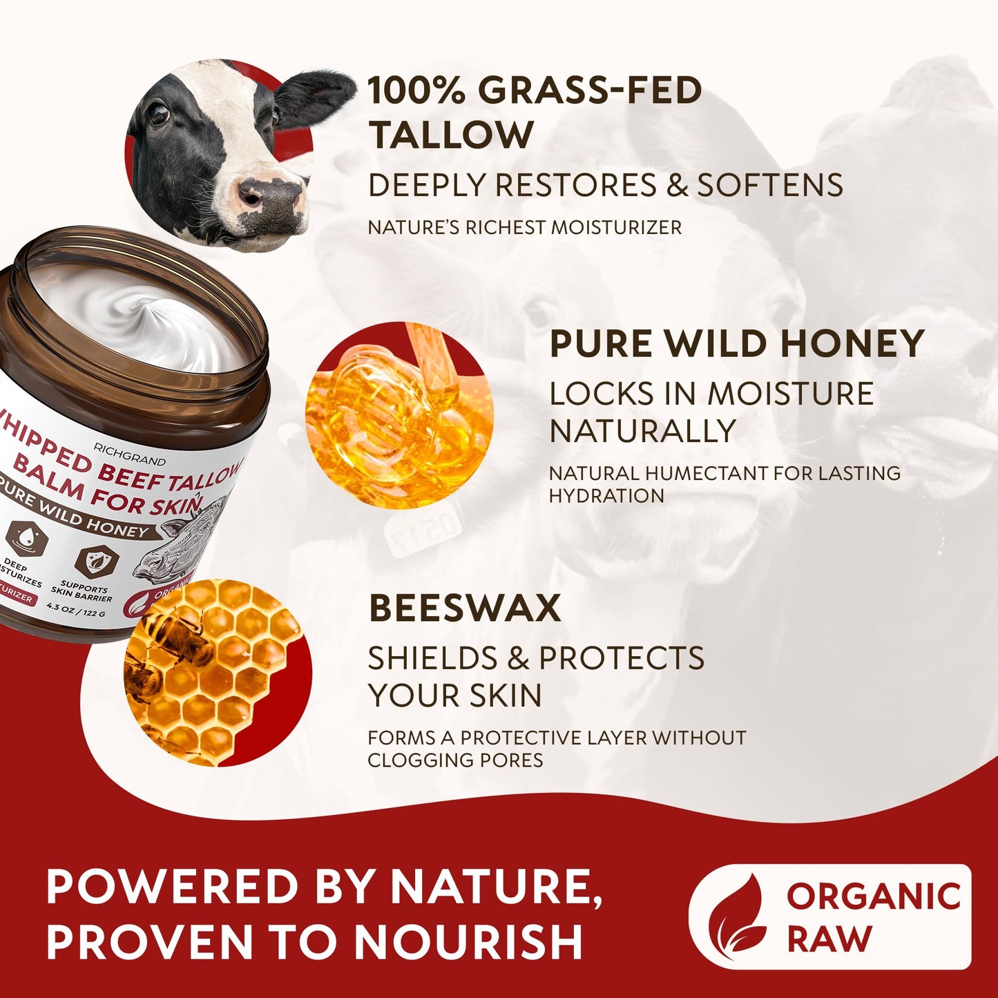 RICHGRAND Beef Tallow for Skin - Whipped Tallow and Honey Balm - Grass Fed Beef Tallow for Face, Daily Moisturizer & Body Butter - Maple Wellness Supplements