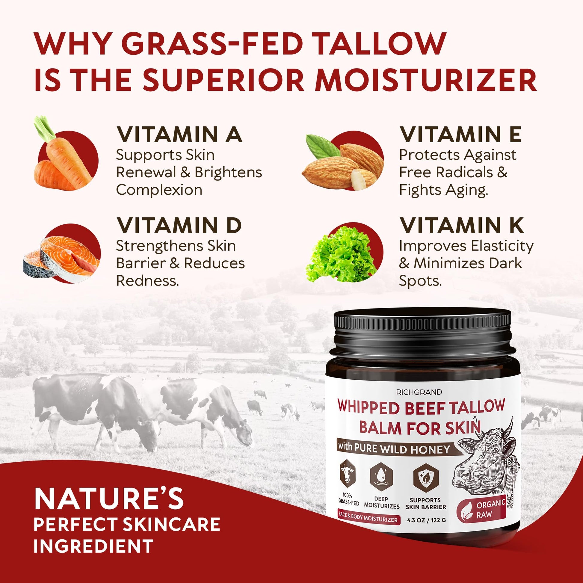 RICHGRAND Beef Tallow for Skin - Whipped Tallow and Honey Balm - Grass Fed Beef Tallow for Face, Daily Moisturizer & Body Butter - Maple Wellness Supplements