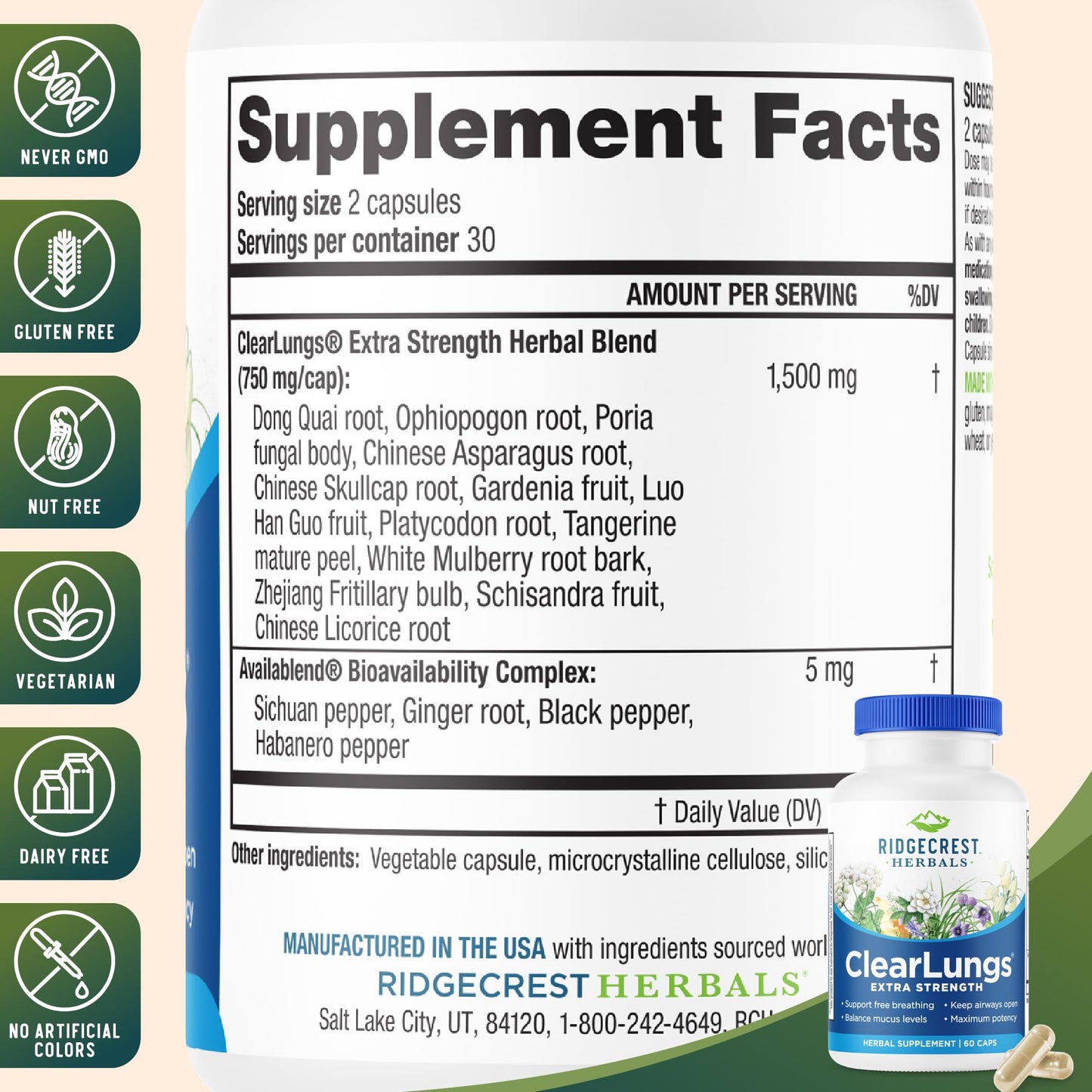 RidgeCrest Herbals ClearLungs Extra Strength, Daily Health Supplement, Natural Lung and Nasal Wellness Formula - Maple Wellness Supplements