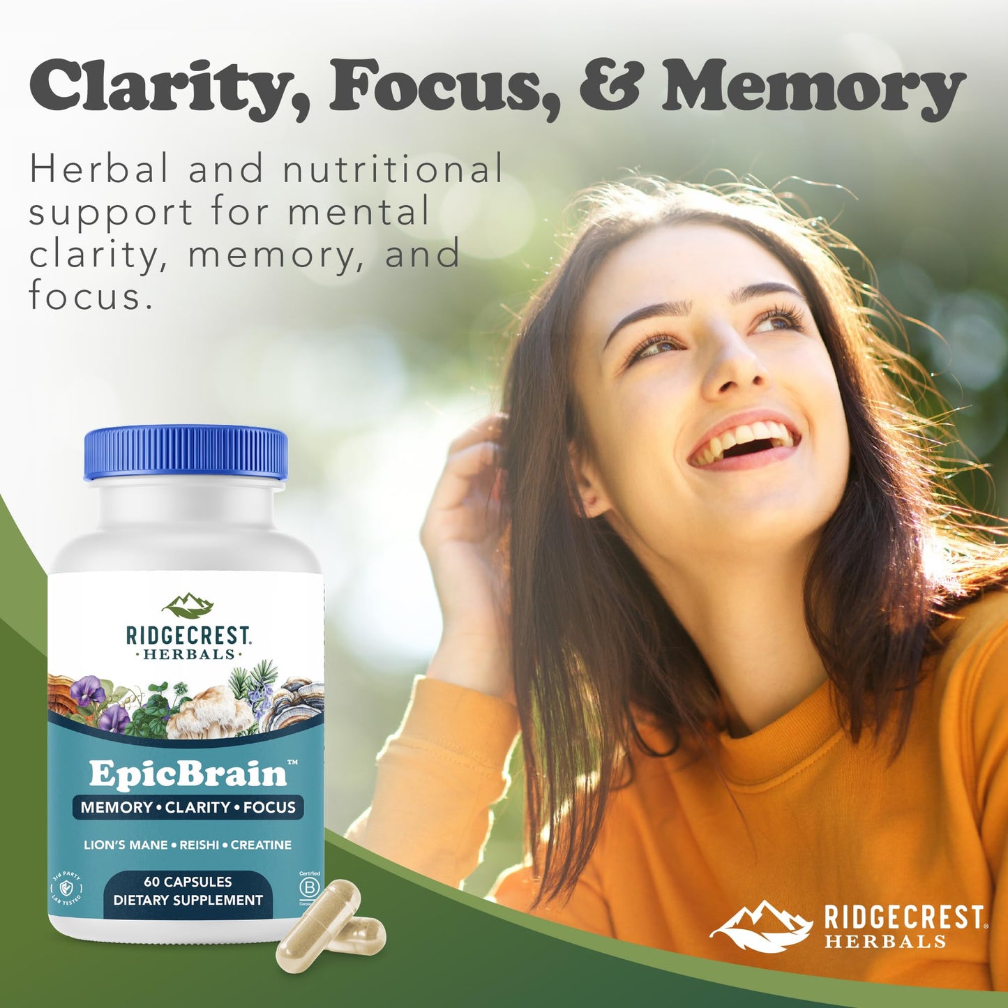 RidgeCrest Herbals EpicBrain, Natural Brain Support Supplement with Creatine Monohydrate, Lion's Mane, Reishi, Supports Mental Clarity, Memory, Focus, Stimulant-Free Nootropic (60 Count, 30 Servings) - Maple Wellness Supplements