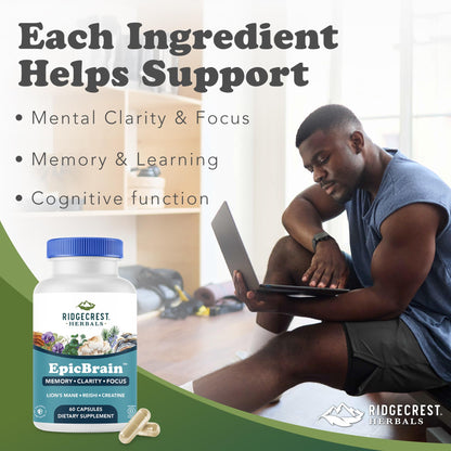 RidgeCrest Herbals EpicBrain, Natural Brain Support Supplement with Creatine Monohydrate, Lion's Mane, Reishi, Supports Mental Clarity, Memory, Focus, Stimulant-Free Nootropic (60 Count, 30 Servings) - Maple Wellness Supplements