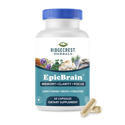 RidgeCrest Herbals EpicBrain, Natural Brain Support Supplement with Creatine Monohydrate, Lion's Mane, Reishi, Supports Mental Clarity, Memory, Focus, Stimulant-Free Nootropic (60 Count, 30 Servings) - Maple Wellness Supplements