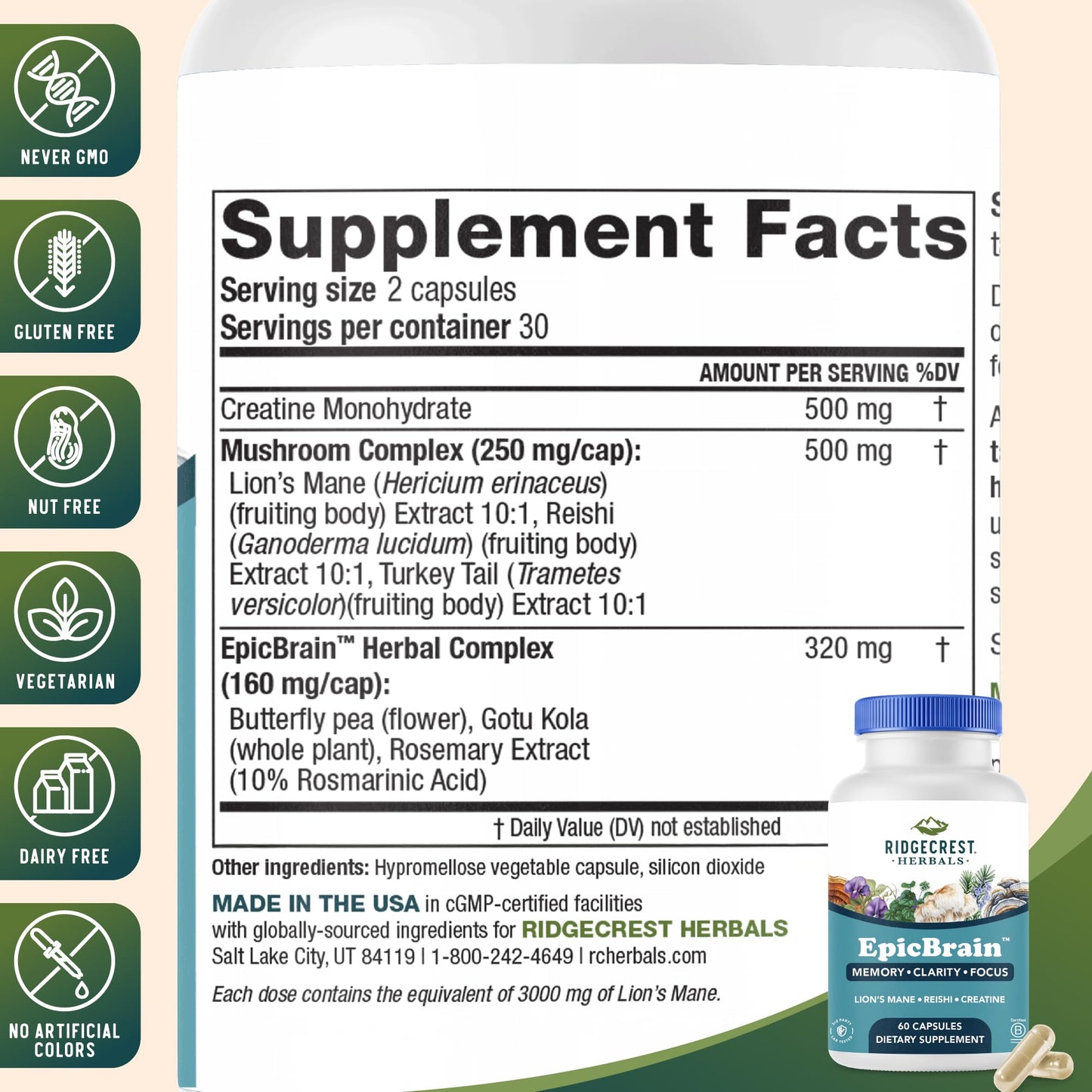 RidgeCrest Herbals EpicBrain, Natural Brain Support Supplement with Creatine Monohydrate, Lion's Mane, Reishi, Supports Mental Clarity, Memory, Focus, Stimulant-Free Nootropic (60 Count, 30 Servings) - Maple Wellness Supplements