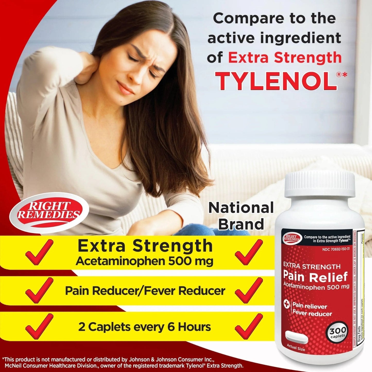 RIGHT REMEDIES Extra Strength Pain Relief, Acetaminophen 500 mg Caplets, Pain Reliever & Fever Reducer, Value Pack (300 Count), Compare to the Active Ingredient in Extra Strength Tylenol® - Maple Wellness Supplements