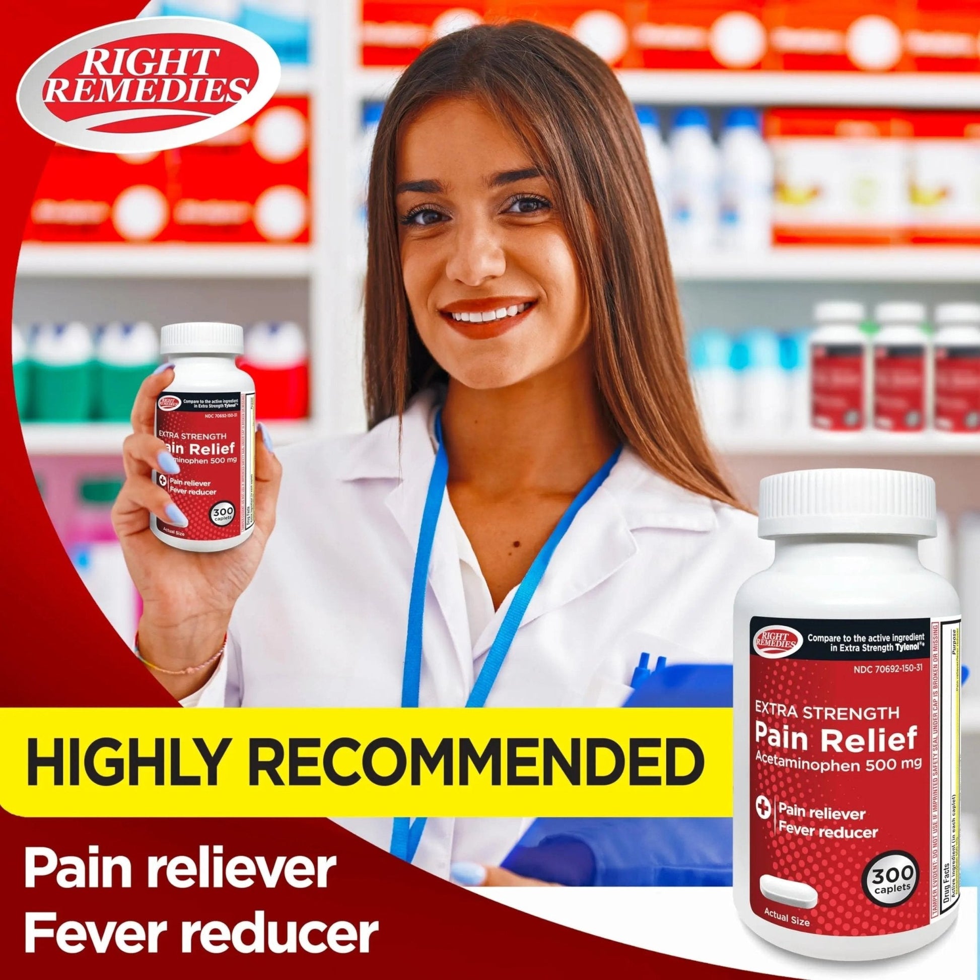 RIGHT REMEDIES Extra Strength Pain Relief, Acetaminophen 500 mg Caplets, Pain Reliever & Fever Reducer, Value Pack (300 Count), Compare to the Active Ingredient in Extra Strength Tylenol® - Maple Wellness Supplements